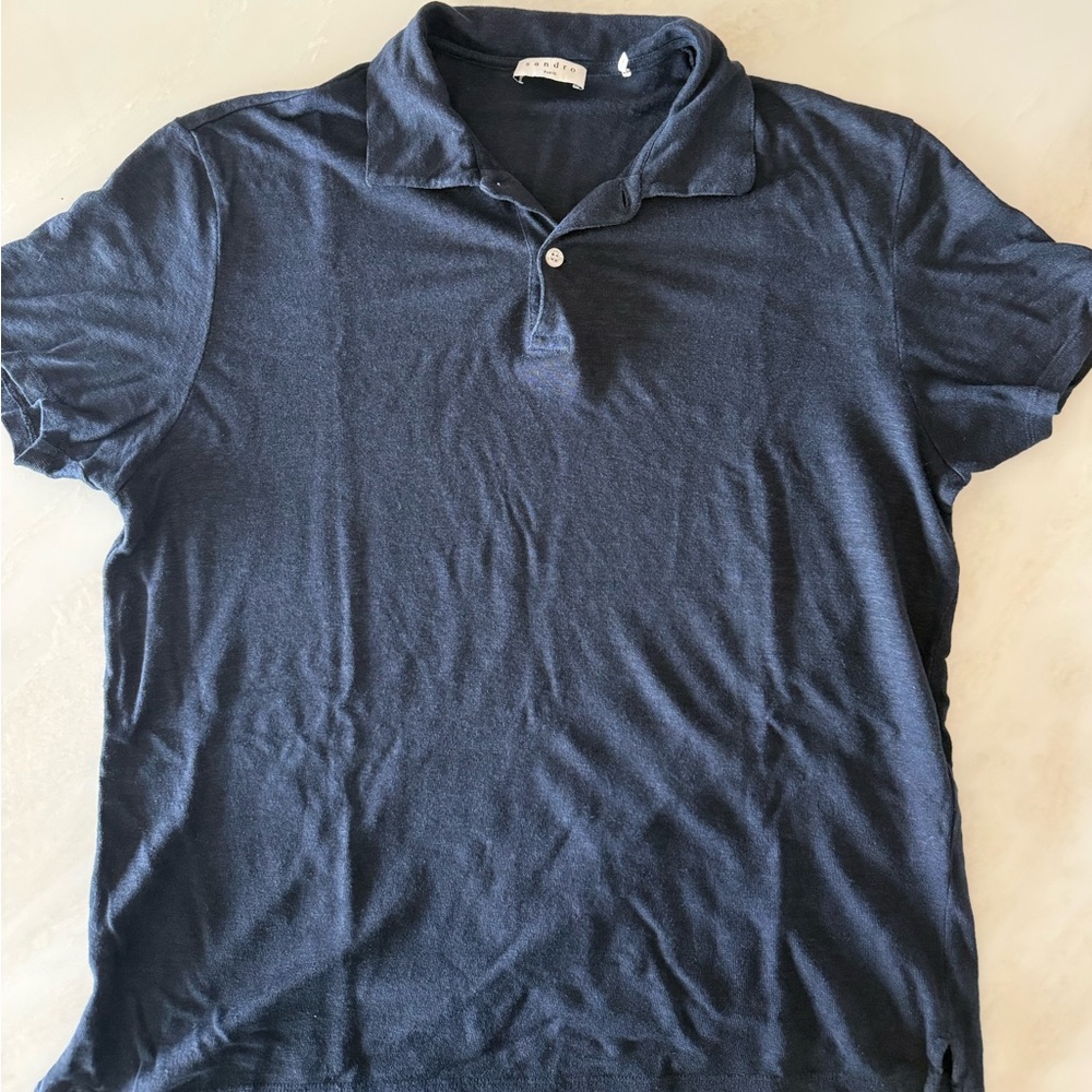 Sandro Paris Mens Linen Baby Blue Size Large Polo Small Flaw Preppy Grunge‎ Boho